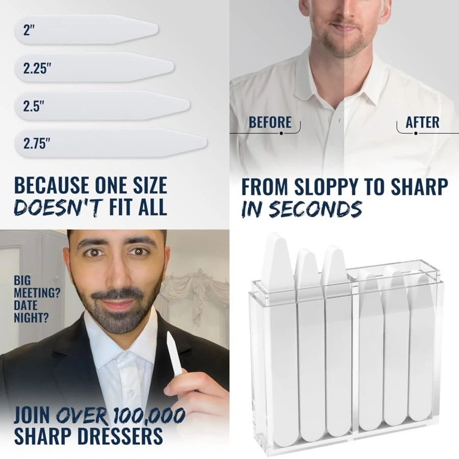 

60 Plastic Collar Stays for Men's Dress Shirts with Storage Holder, 4 Assorted Sizes