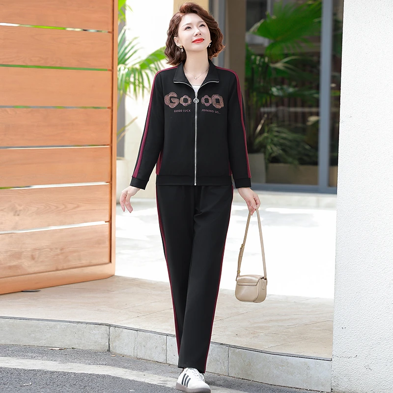 

Casual Spor Two-Piece Set for Women over 50 Spring Faion Loose Fit Long Pants Zipper Closure Regular Sve Polyester Blend