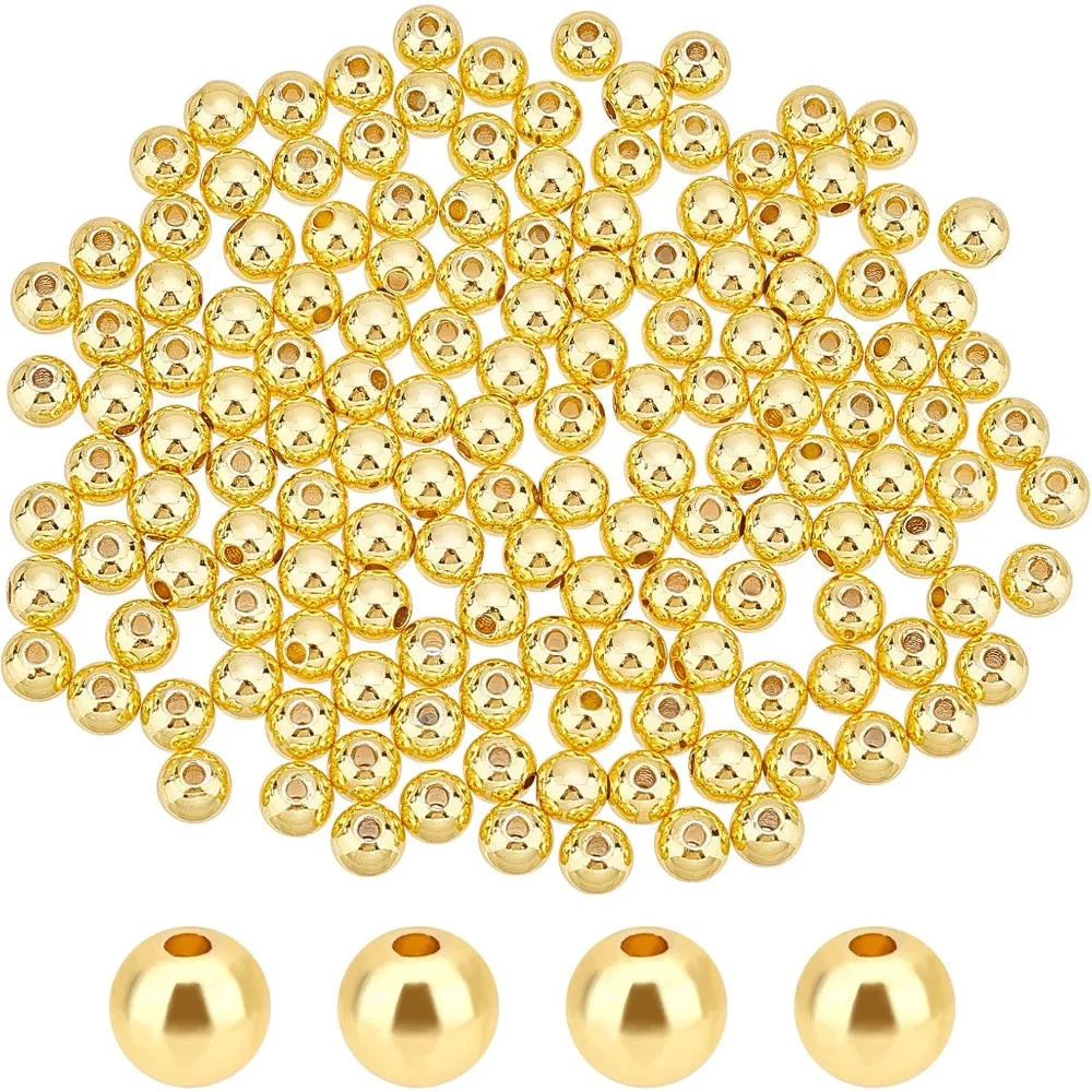 

150pcs 6mm 18K Gold Plated Beads Long-Lasting Round Smooth Spacer Beads Seamless Brass Loose Ball Bead for Summer