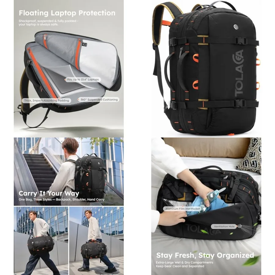 

Travel Backpack for Men Women, 40L-50L Carry On Backpack with Wet Dry Compartment, TSA Approved Laptop Daypack Fits 15.6", Conv