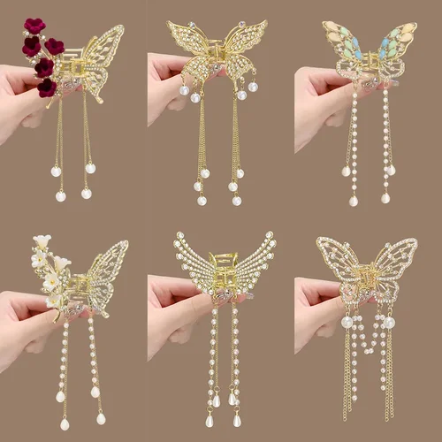 Imagen 2 del producto Pinza para el pelo con borla, diamantes de imitación de cristal, pinzas para el pelo de mariposa antideslizantes doradas, accesorios de perlas de mariposa de Metal para mujeres y niñas