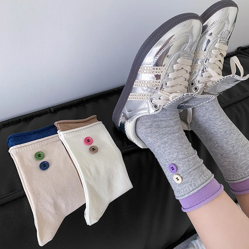 

Double-layer Rolled-edge Multi-color Women's Socks, Trendy Brand Accessories, Small Buttons, Student Cotton Socks