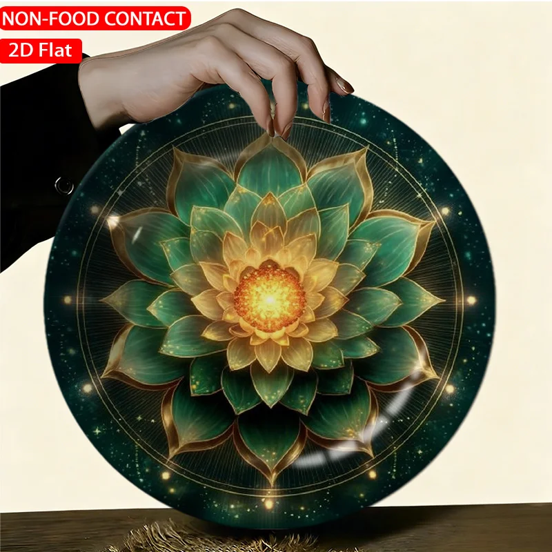 1pc Elegant Ceramic Decorative Plate- Mandala Lotus Green Theme Design Non-Food Contact, Home Desk Ornaments, Living Room And