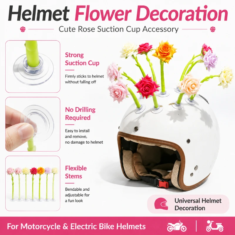 Universal Motorcycle Helmet Decoration Artificial Rose Flower Suction Cup Ornament Cute Helmet Accessory For Riding Gear