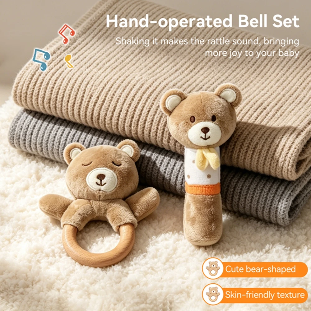 2Pcs Plush Rattle Set Cartoon Bear Rabbit Soft Hand Grip Rattles Infant Sensory Toy for Auditory Development Newborn Shower Gift