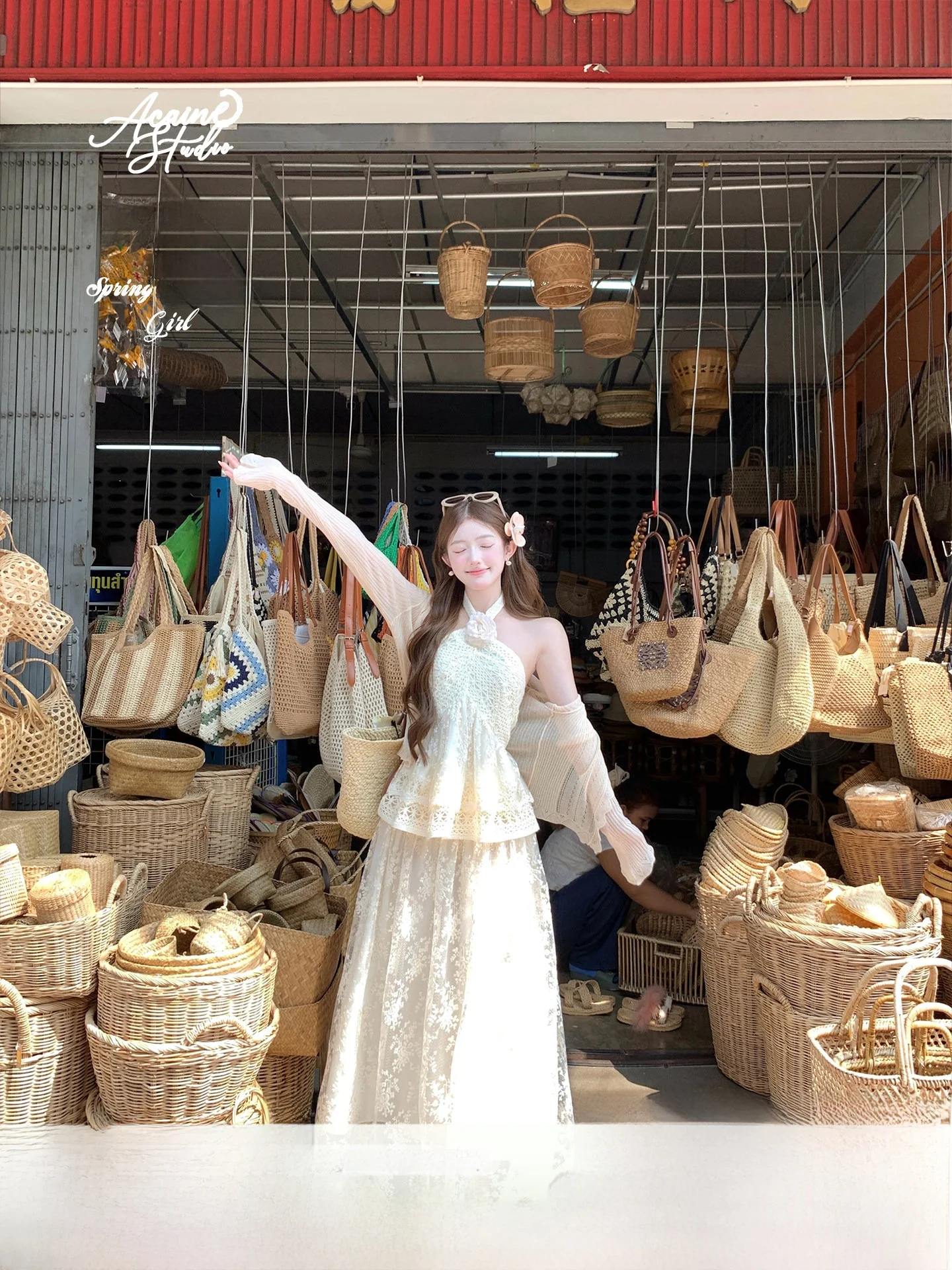 

White Lace Short Crop Top And A-Line Skirt Two-Piece Set Women's Summer Outfit Elegant Style Long Sleeve Fashion Set