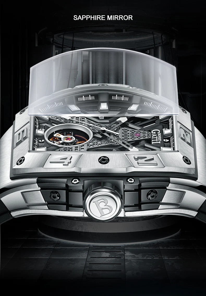 BONEST GATTI Orologio automatico da uomo Orologio da polso meccanico Tonneau di lusso Impermeabile Zaffiro Luminoso Cinturino in gomma fluorurata Scheletro