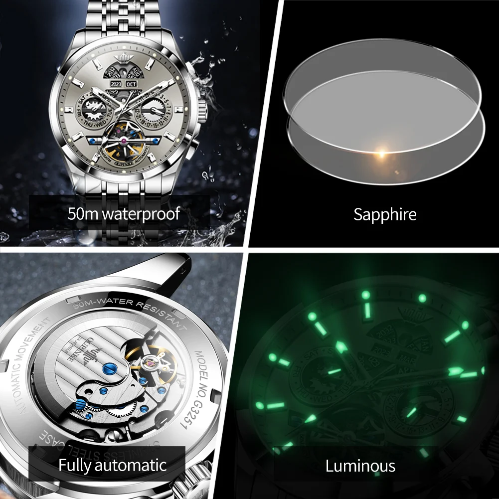 OUPINKE 3251 Luxury Watch Hollow Flywheel Men Automatic Mechanical Watch Waterproof Clock Brand Calendar Week Men Watch Reloj