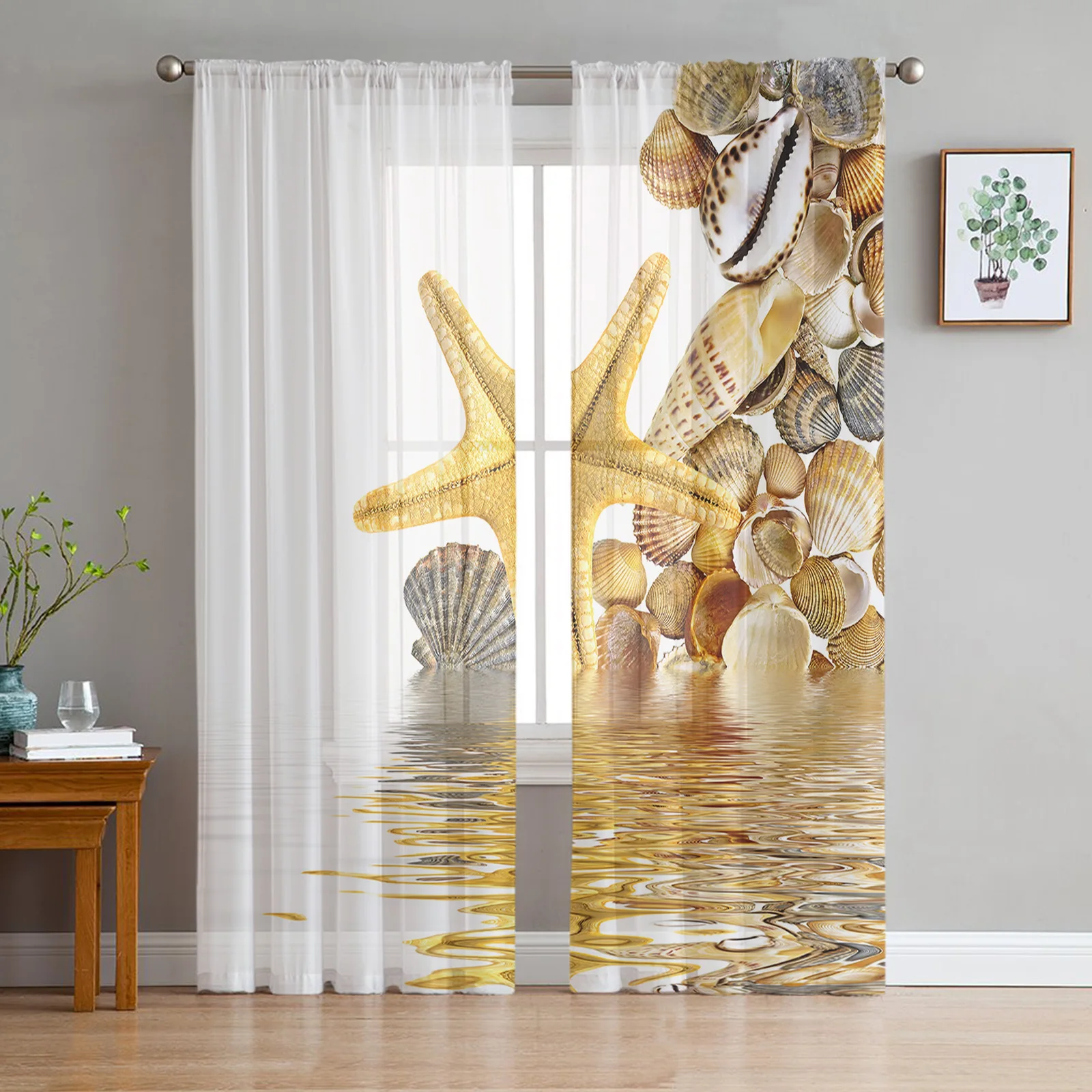 Water Wave Starfish Shell Reflection Sheer Curtains for Living Room Decoration Window Curtains Kitchen Tulle Voile Curtains