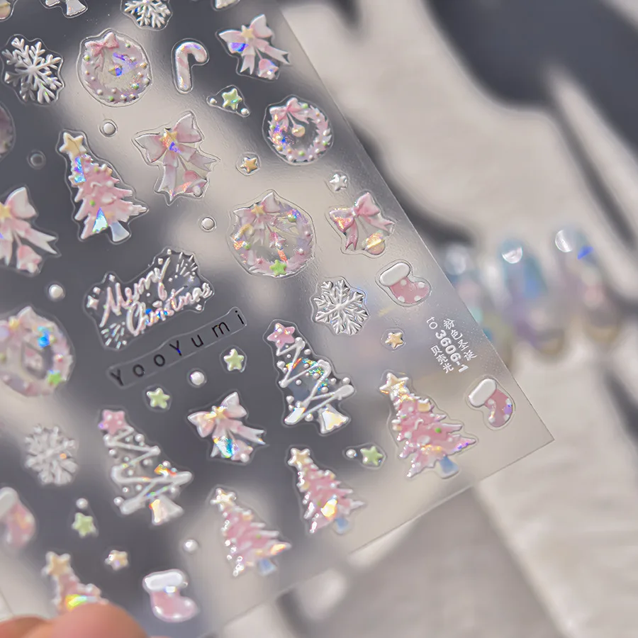 Nail Art Stickers Iridescent Cute Pink Rainbow Christmas Tree Adhesive Decals Lightweight DIY Manicure Decoration Party