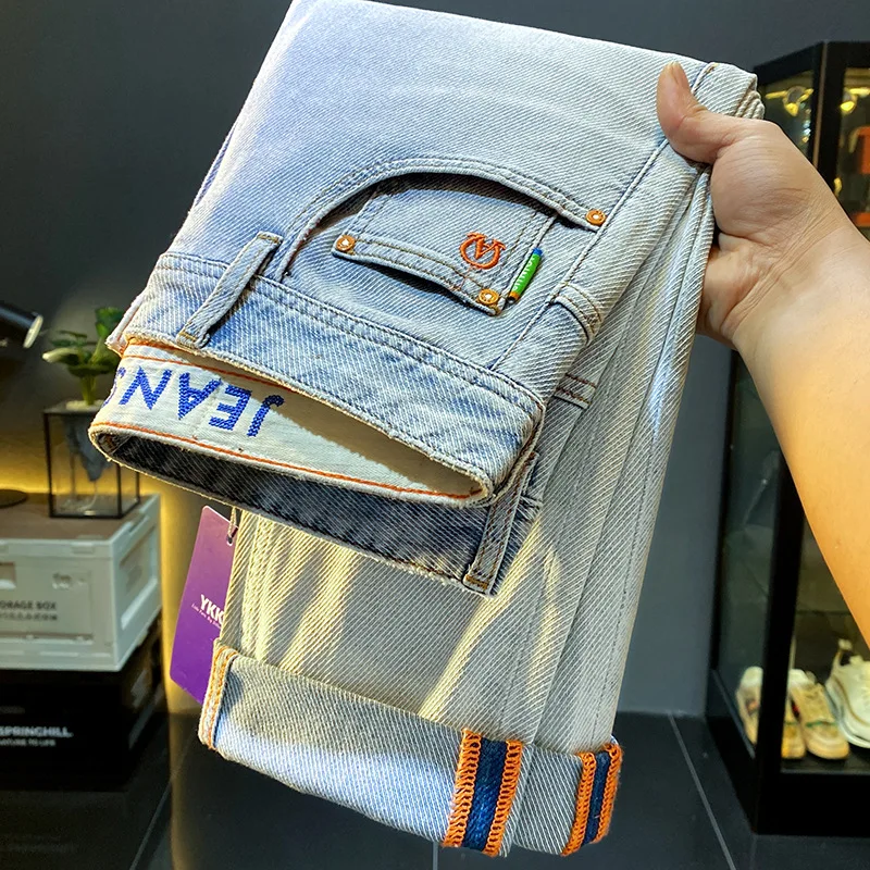 Summer Thin Cool Pants For Men'S American Casual Slim Fit Straight Tube Light Blue Washed Cotton Versatile Denim