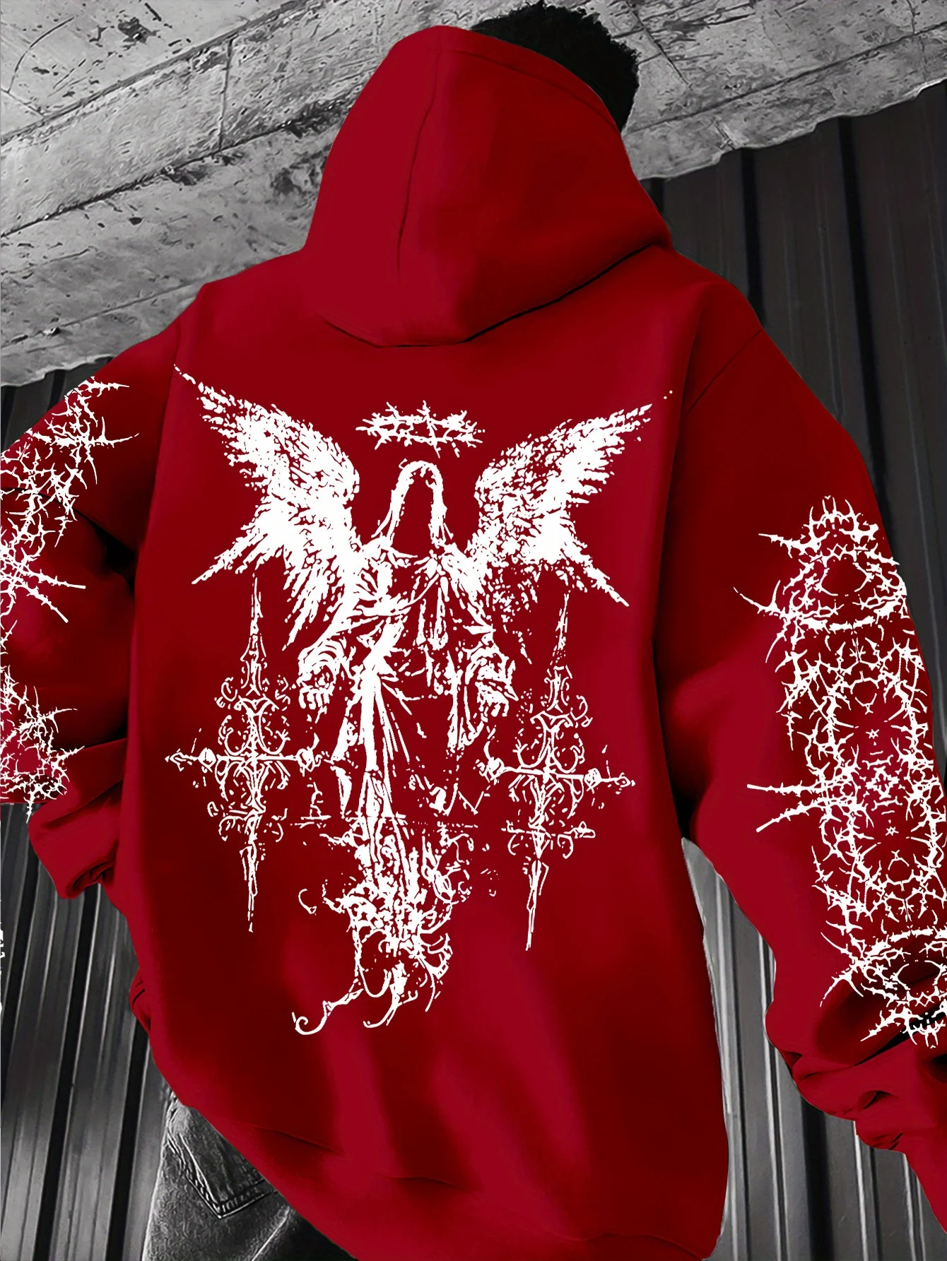 Herren-Kapuzenpullover im Angel-Themen-Graffiti-Stil mit Dornen-Print, Streetwear, Hip-Hop, Punk-Stil, reguläre Passform. – Detail 14