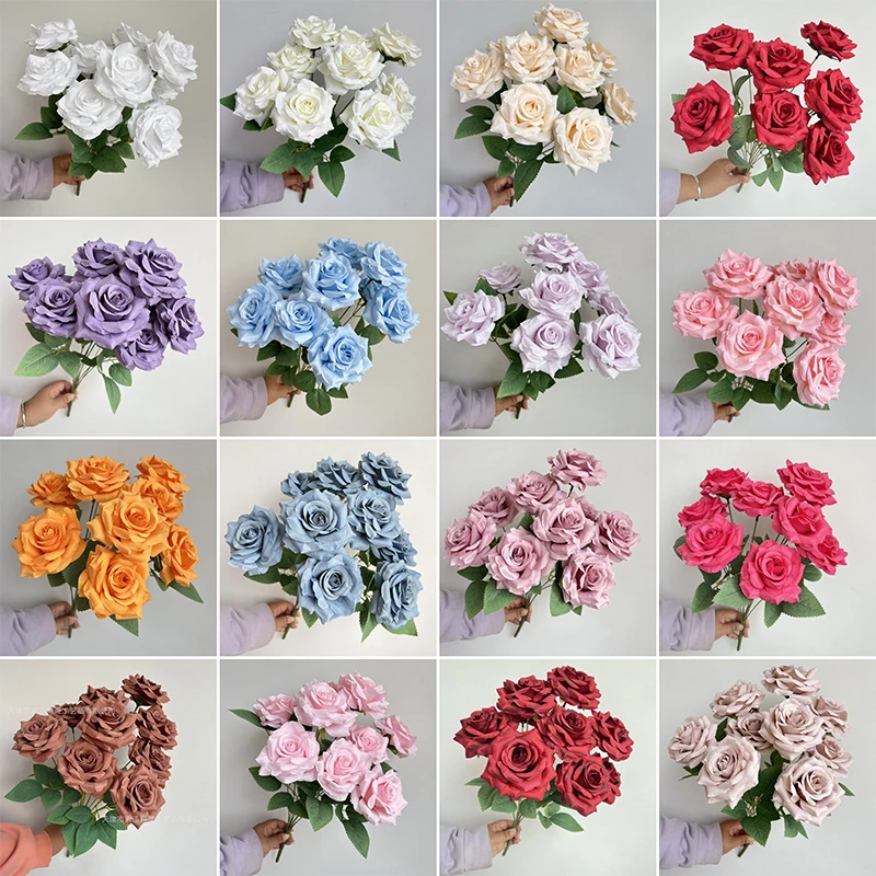 9 رؤساء الماس الورود باقة زهرة اصطناعية الوردي الأحمر الأزرق الأبيض روز وهمية غرفة المعيشة الديكور الزفاف #5