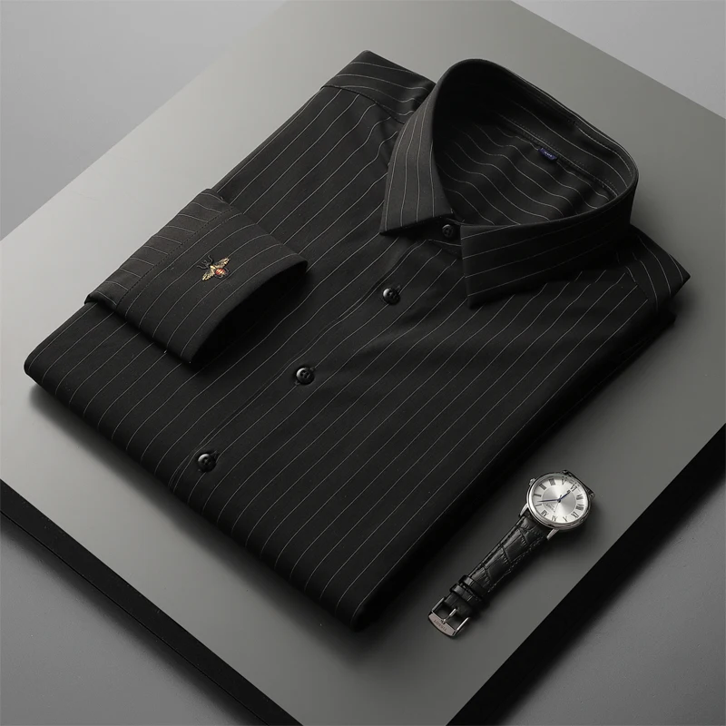 

Brand Men's Shirt Autumn New Classic Business Casual Vertical Stripe Black White Embroidery Large Size Suit Shirt 6XL 7XL 8XL