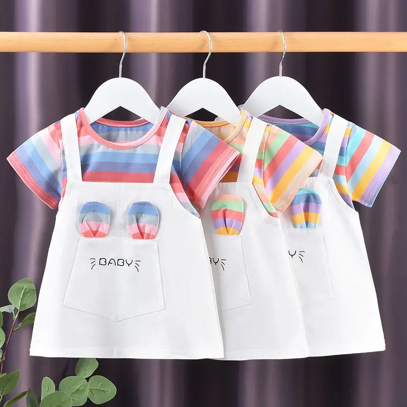 Girls Casual Dresses Letter Print Cat Dress Color Stripe Print Fake Two Dresses Party Dress for Kids Girl