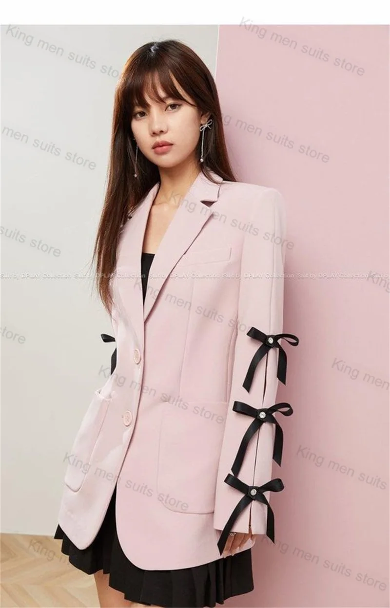 Pink Women Suit Pants Set 2-Piece Lace Up Wedding Blazer+Long Trousers Prom Dress Formal Office Lady Jacket Coat Tailor Tuxedo