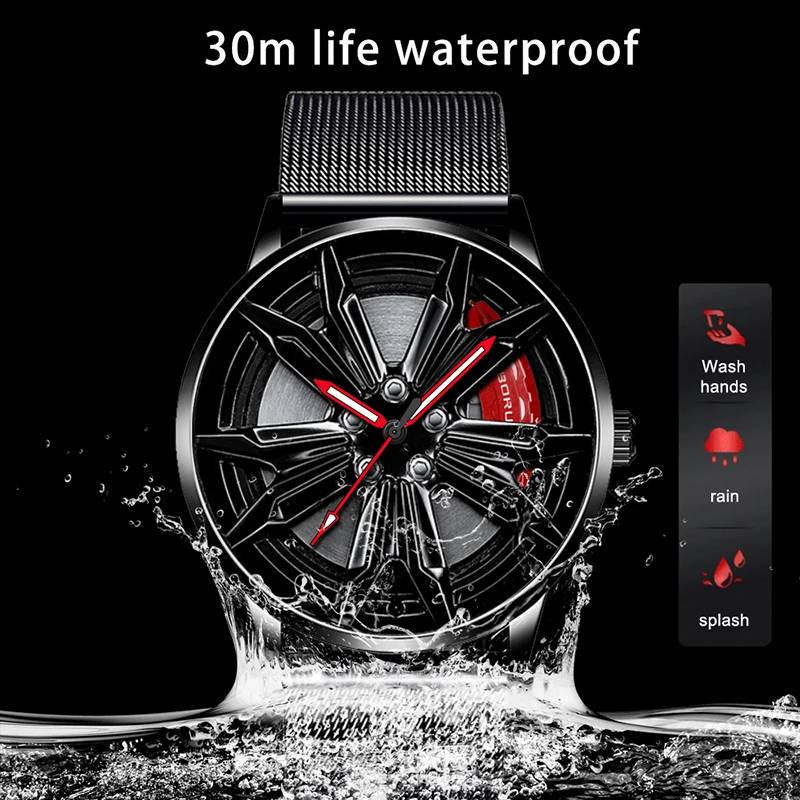 BORUSE Fashion Mens Car Wheel Watches Mesh Belt Waterproof Watch Men Quartz Wristwatch Luminous Clock relogio masculino