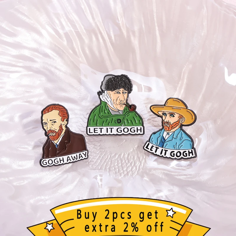 Van Gogh Painting Enamel Pins Custom Let It Gogh Away Self-Portrait Brooches Lapel Badges Jewelry Gift For Artist Student Friend