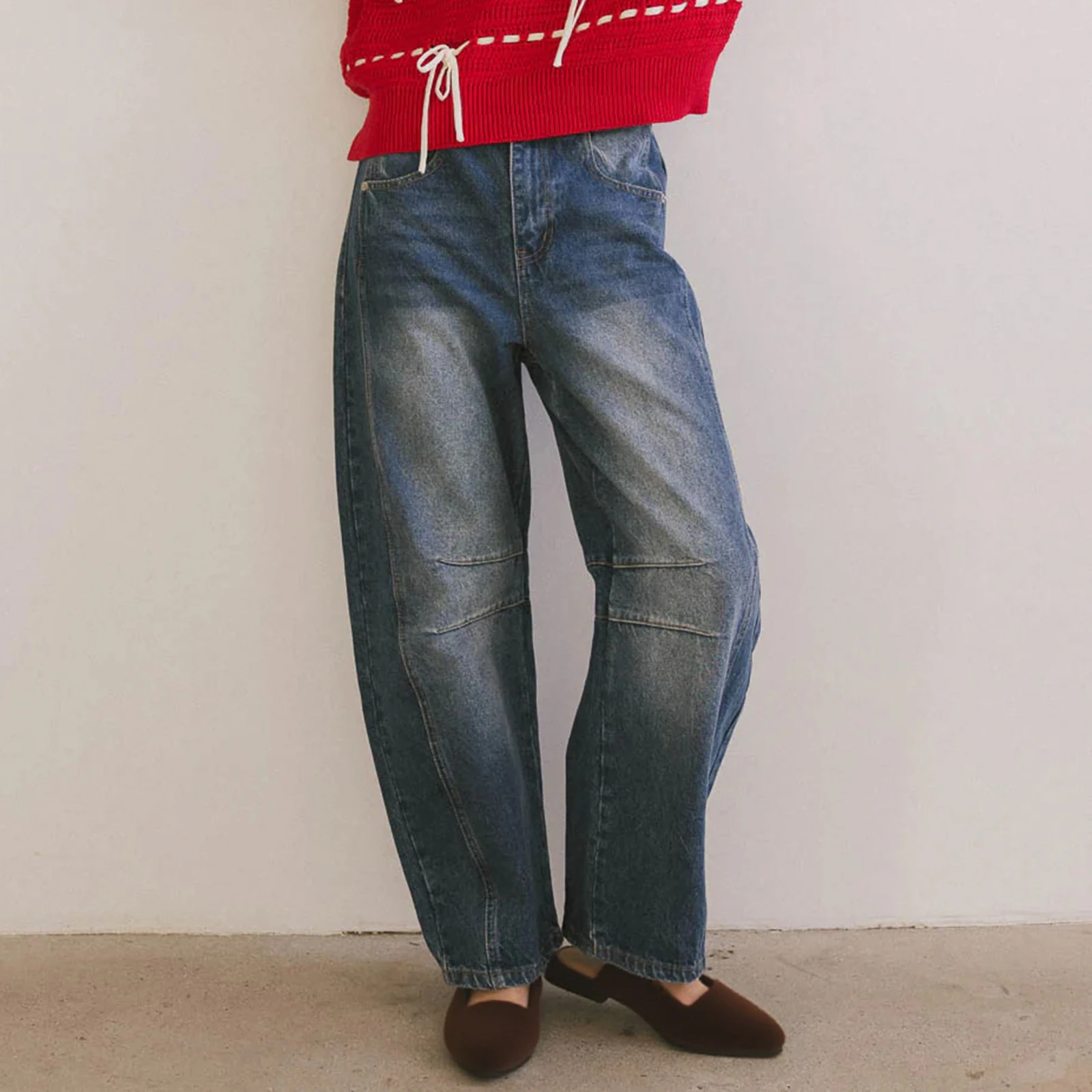 

Women Barrel Jeans Casual Elastic Waist Back Denim Pants with Pockets Trendy Trousers for Daily Office Travel