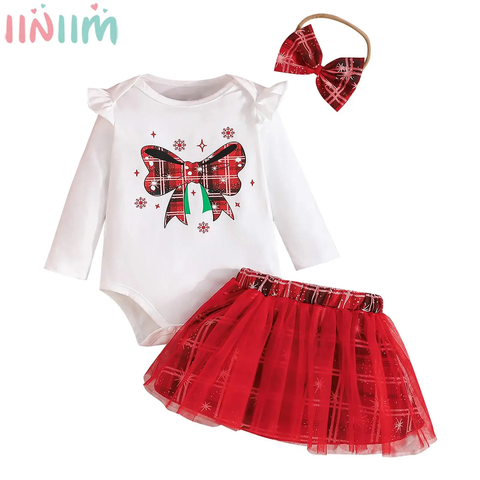 

Baby Girls Christmas Outfit Ruffles Long Sleeve Bow Print Romper with Plaid Mesh Tutu Skirt Headband Xmas Holiday Party Costume