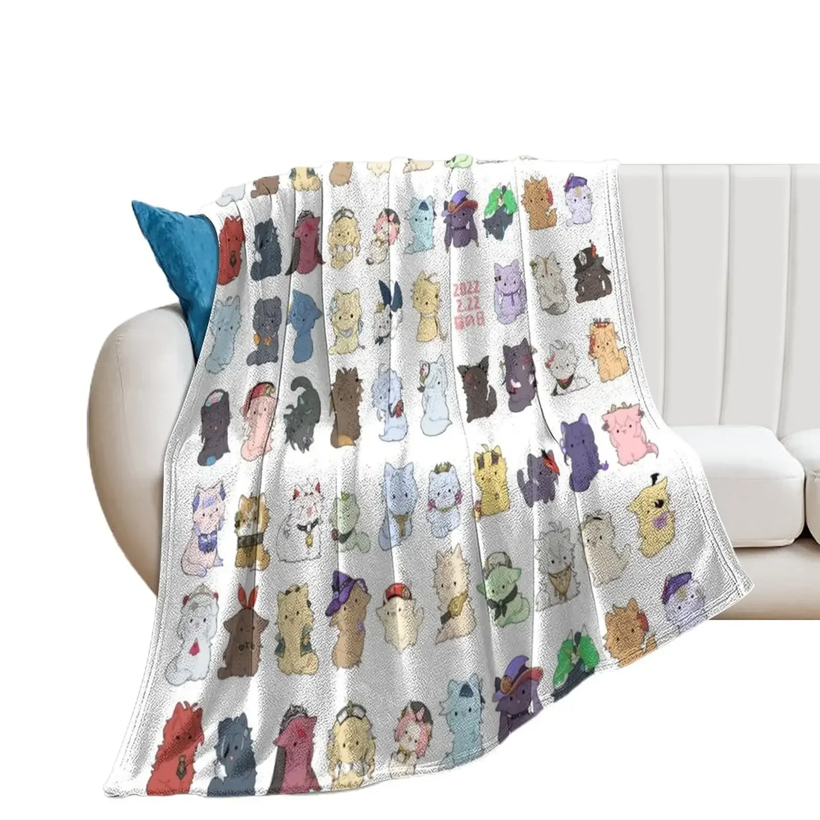 

Genshin Impact All Characters in Chibi Cats Artwork Throw Blanket For Sofa Thin Retros Flannel Blankets