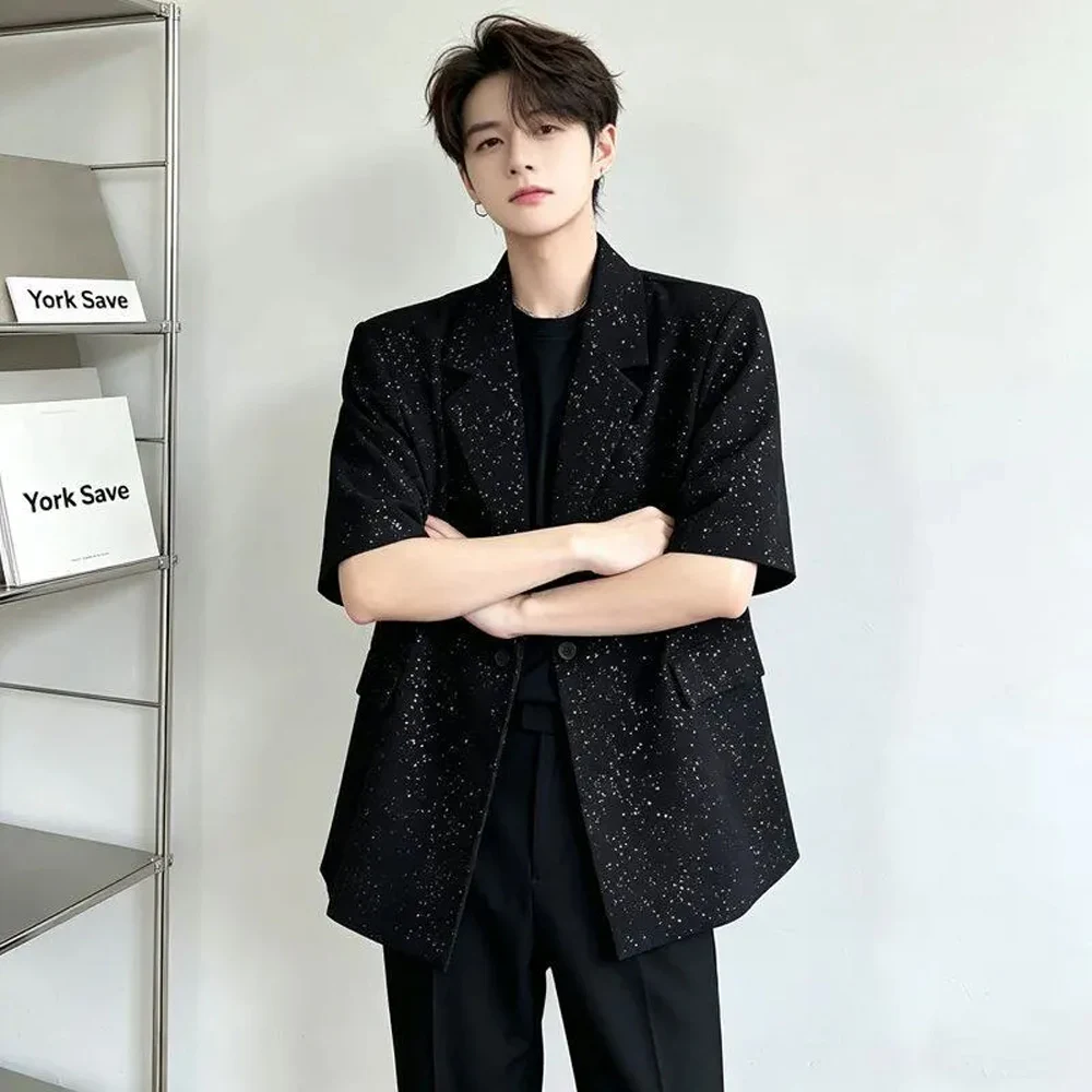 Men's Glitter Short Sleeve Blazer Korean Fashion Loose Fit Casual Suit Jacket Streetwear Party Coat 2026 New