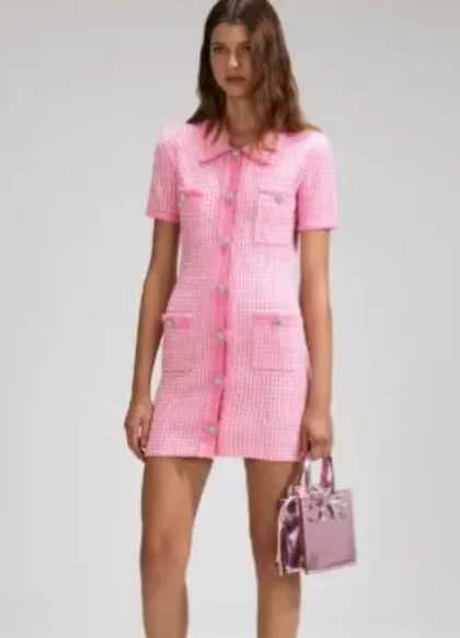 Women's Pink plaid lapel short sleeved sweet dress