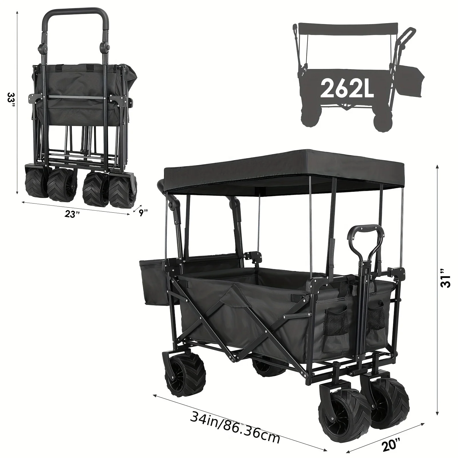 Extra Large Collapsible Wagon, Removable Canopy, Outdoor Storage Cart, Beach Camping Cart, Foldable Shopping, 250lbs