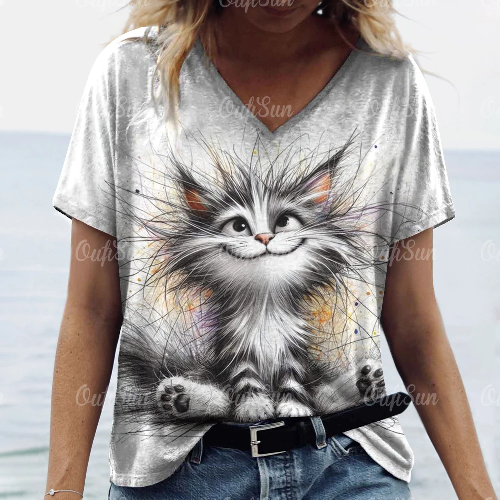 Women's T-shirt with Cat Print Casual Short-Sleeved 3D T-shirt Fashion New Street Wear V-neck Pullover for Women Oversized Cloth