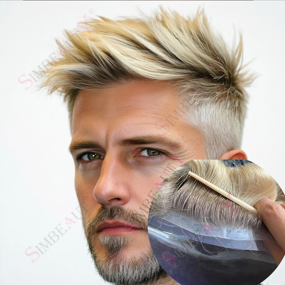 4T613# Ombre Blonde Natural Hairline Men's Toupee 1b80# Gray Black Hair Replacement System Undetectable Thin Skin 100% HumanHair