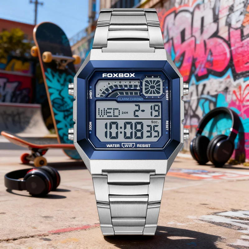 FOXBOX Mens Watches Fashion LED Digital Watches Man Sports Military Wristwatches Steel Wristband Electronic Clock Watch for Man