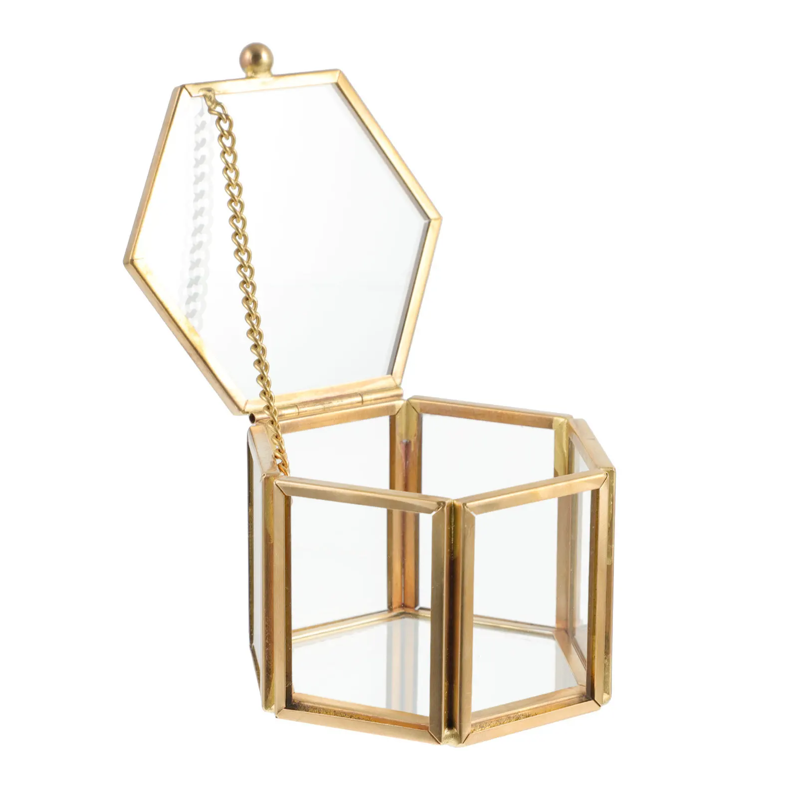 1Pcs Glass Brass Hexagonal Transparent Jewelry Box Vintage Style Wedding Ring Holder Jewelry Storage Organizer Gift