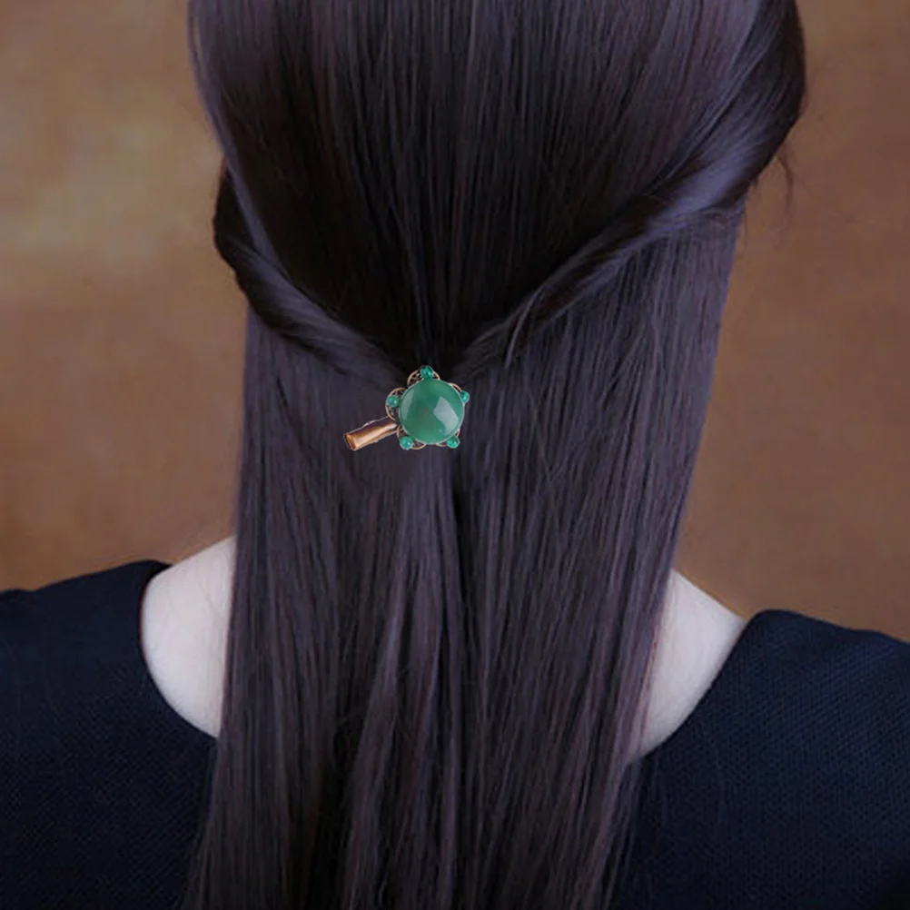 

1pc Vintage Copper Hair Clip Green Agate Jade Beads Hanfu Wedding Decorative Ponytail Clamp Smooth Non-Burr Chinese Style For