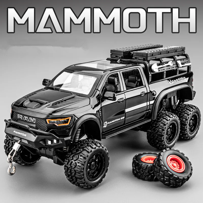 

1:24 DODGE Tyrannosaurus RAM 1500 REX, модель пикапа из сплава, литая под давлением металлическая модель внедорожников, звук и свет, детская игрушка в подарок