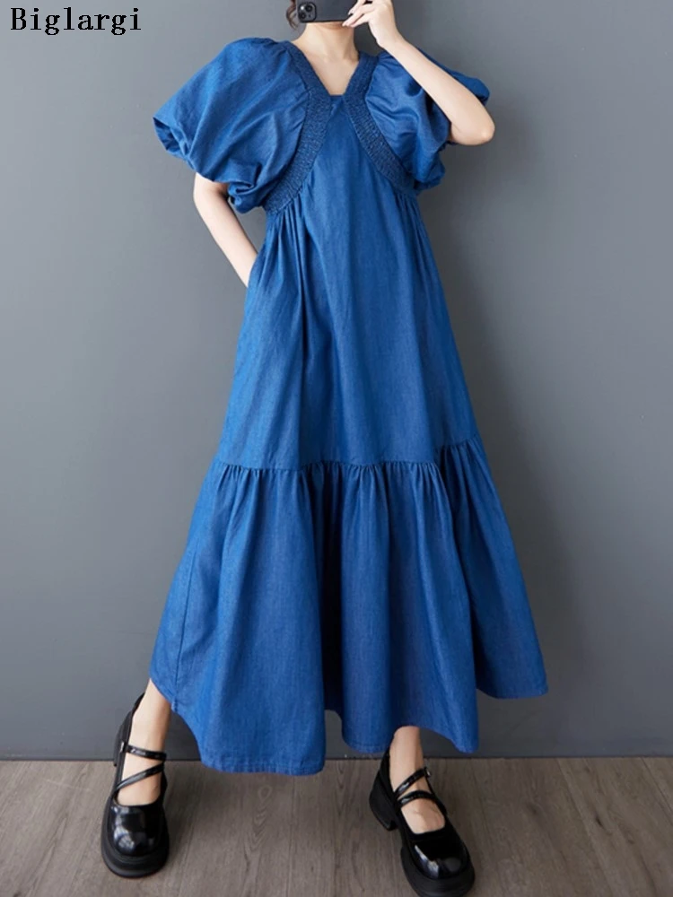 

Oversized Summer Dress Women Puff Short Sleeve Fashion Ruffle Pleated Loose Ladies Dresses Casual Woman V-Neck Long Dress