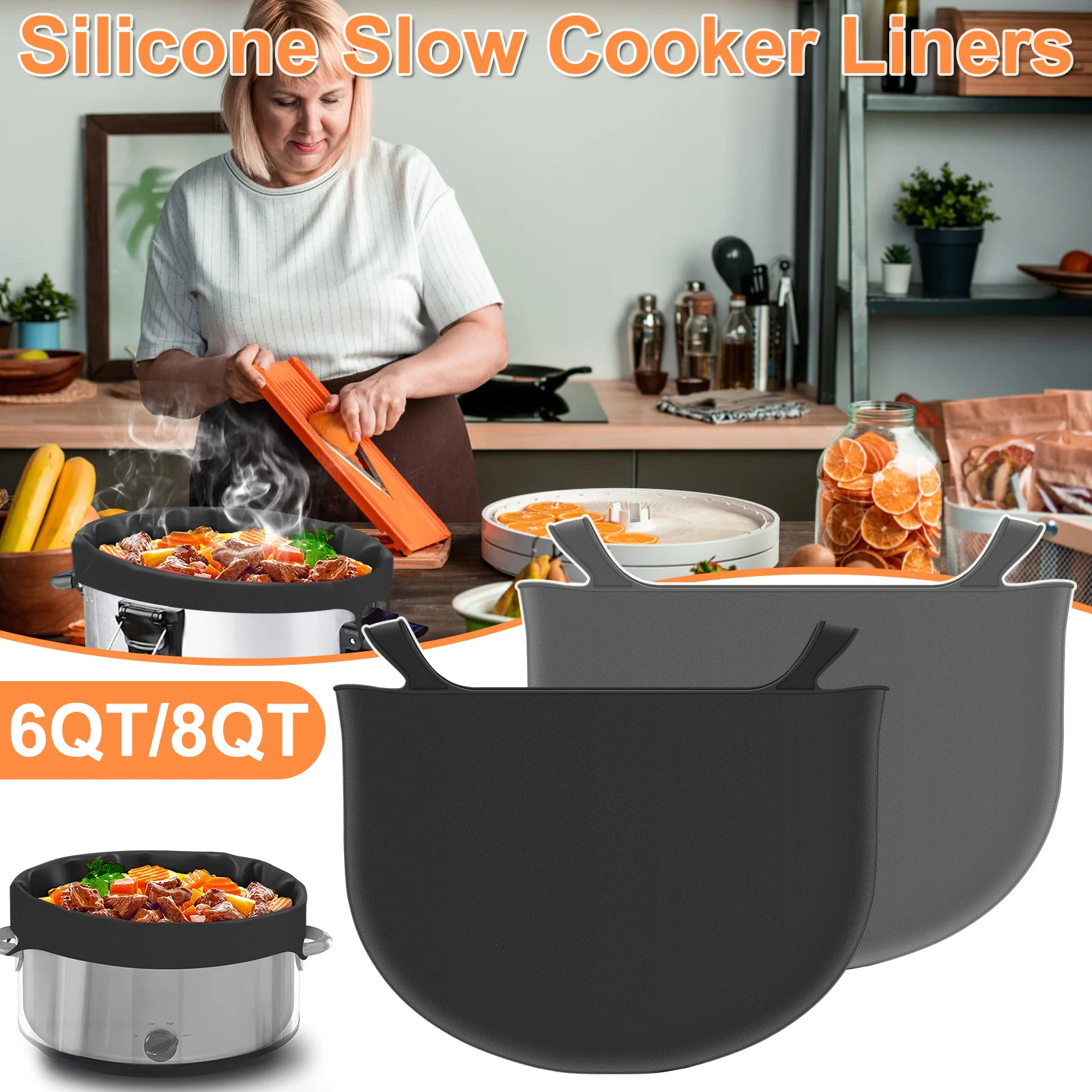 2 件套 Silicone Slow Cooker Liner for 6Qt 8Qt Pot Reusable Slow Cooker Insert Liner with Handle Leakproof Slow Cooker Silicone Ins