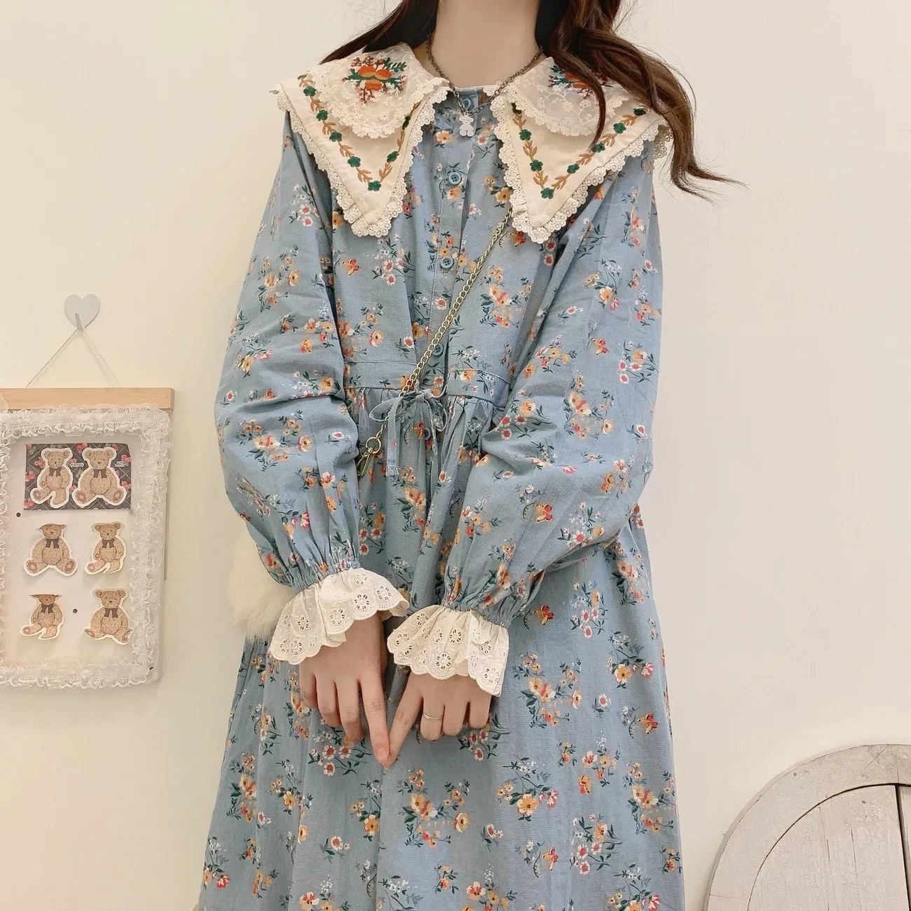 

Plus Size 5XL 150KG Autumn Floral Dress Long Sleeve Peter Pan Collar Sweet Ladies Dress High Waist Large Size Women Clothing