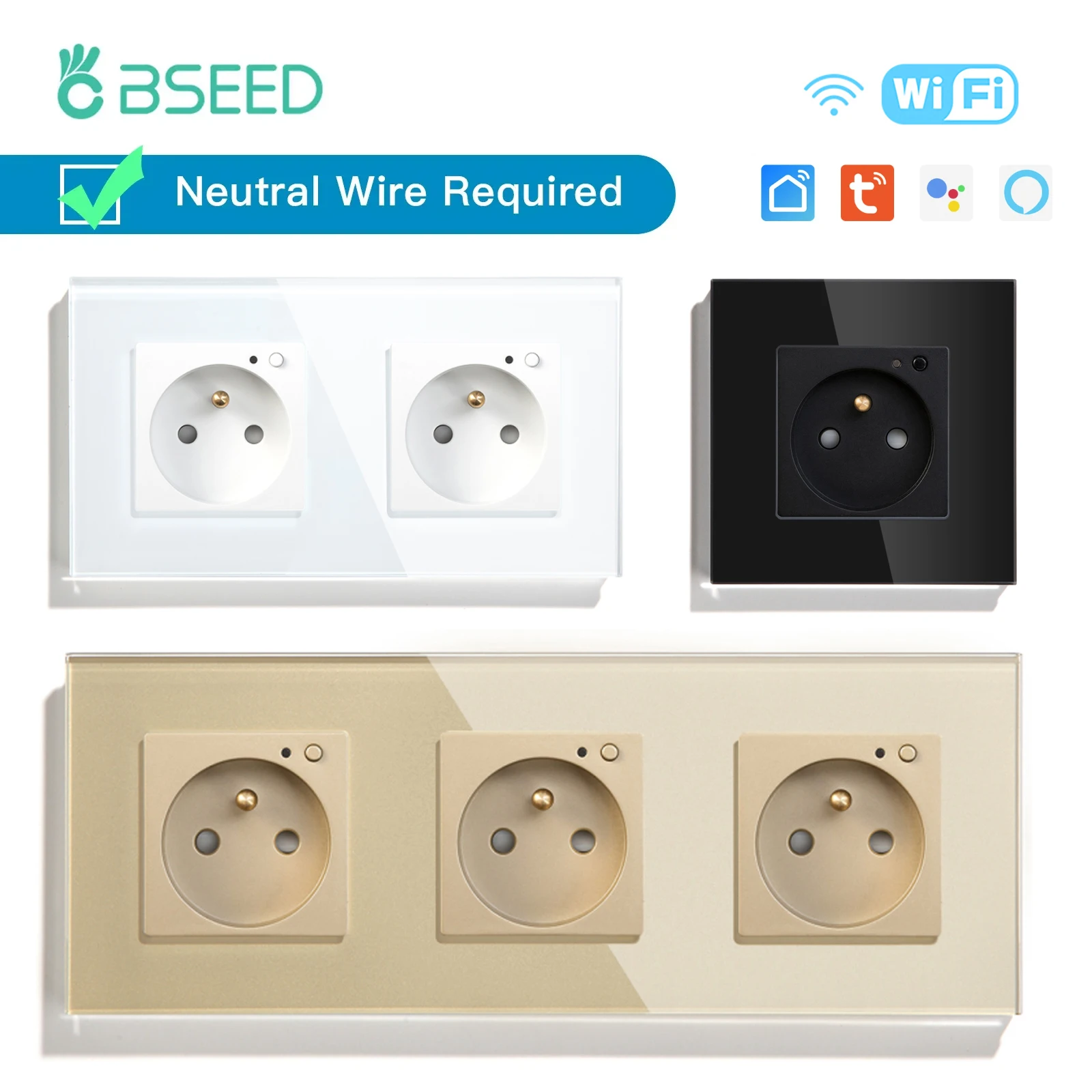 Bseed Wifi Wall Sockets France Smart Sockets Crystal Glass Panel Intelligent Socket Outlets Plug Google Alexa Timer Tuya APP