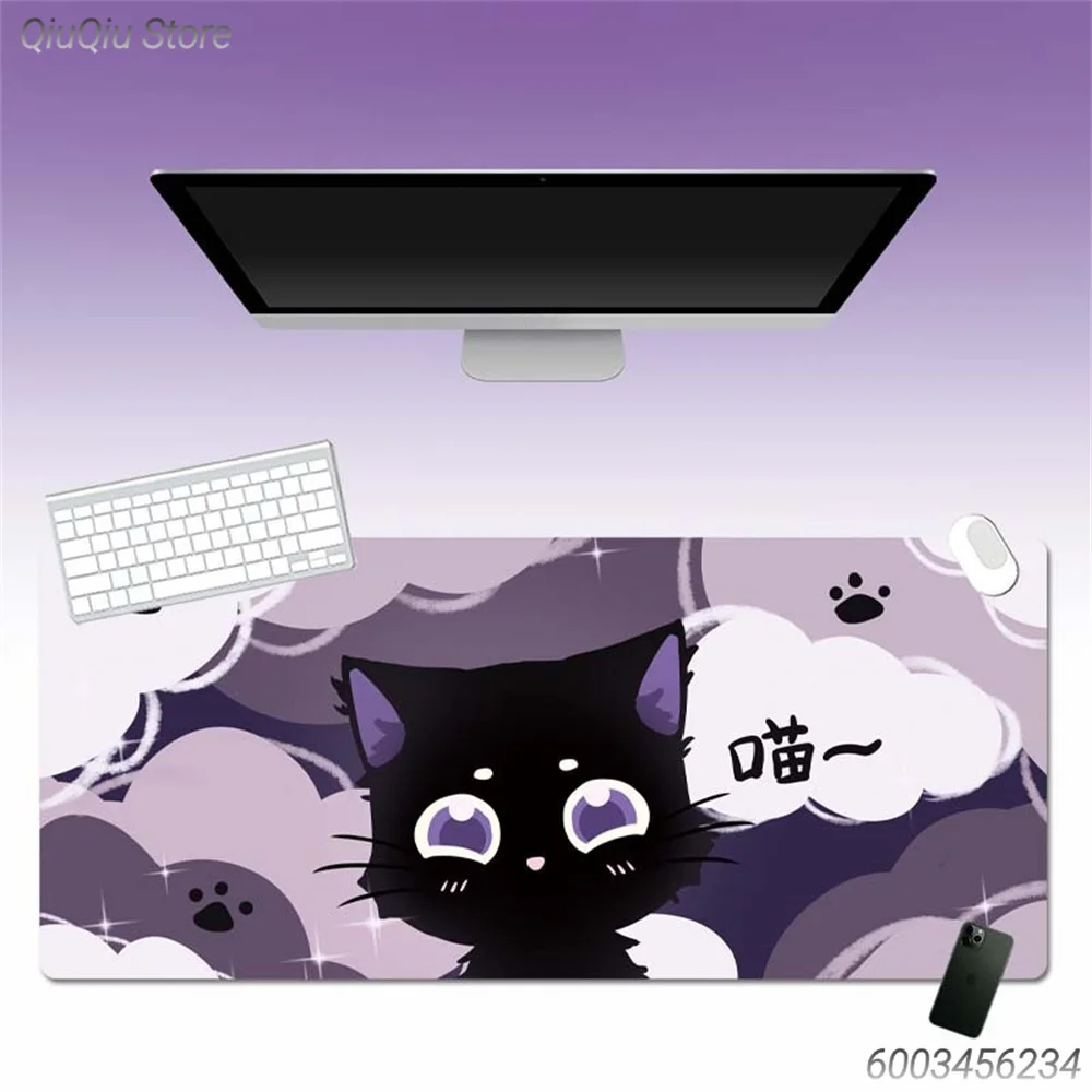Gothic Black Cat Large Mouse Pad, Purple Aesthetic Extended Desk Mat Non‑Slip Rubber Base Keyboard Mat for Home Office Gaming