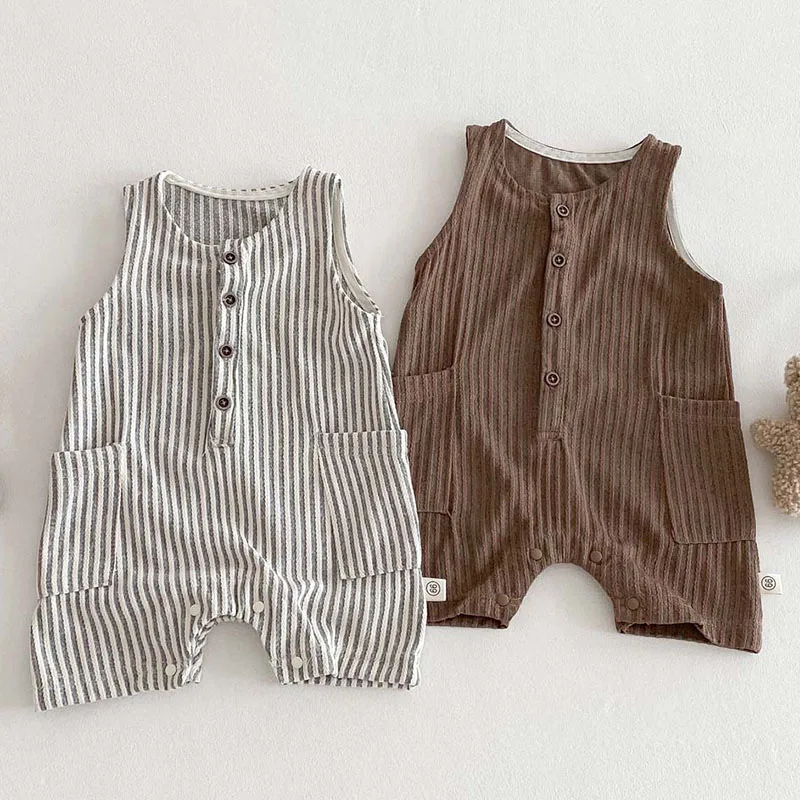 

Newborn Baby Boys Girls Rompers 2025 New Summer 0-24m Children Clothes Sleeveless Jumpsuit Cotton Striped Infant Overalls