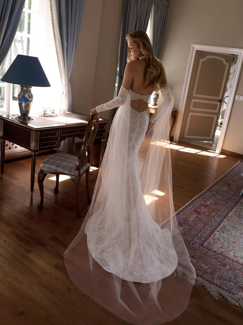 2027 Bohemian Halter Lace Mermaid Wedding Dress Customized Charming Open Back Detachable Long Sleeves Sheer Tulle Bridal Gown