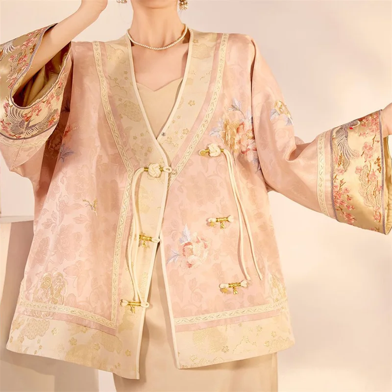 Chinese Style Tang Clothes Jacquard Embroidery Hanfu Cardigan Coat Retro V-neck Qipao Top Jacket Spring Summer Women's Outwear