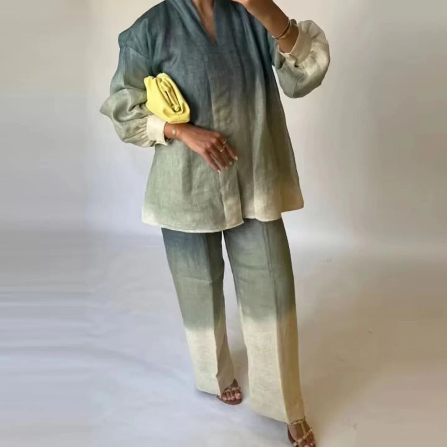 女性用バギーシャツとワイドレッグパンツセット,タイダイ,グラデーションプリント,ボタンブラウス,ロングパンツ,サテン,ヴィンテージ,シック,秋,新品