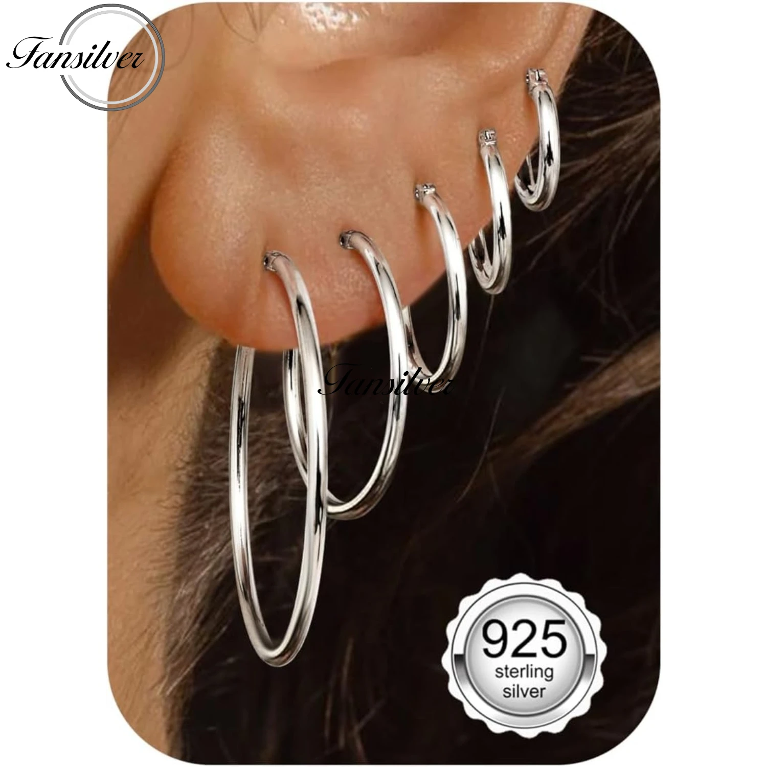 

Fansilver 5Pairs 925 Sterling Silver Hoop Earrings for Women Hypoallergenic Silver Hoop Earring Stack Earring 10/14/20/30/40mm