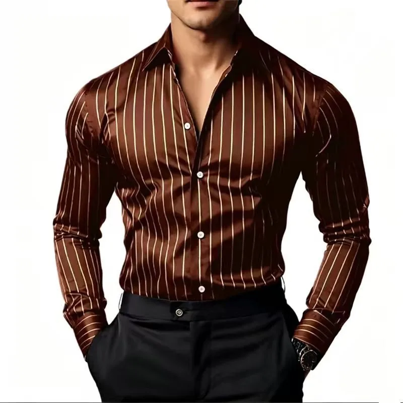 Men Vertical Striped Lapel Shirt Long Sleeve Button Down Slim Fit Wrinkle Resistant Business Casual Dress Shirt