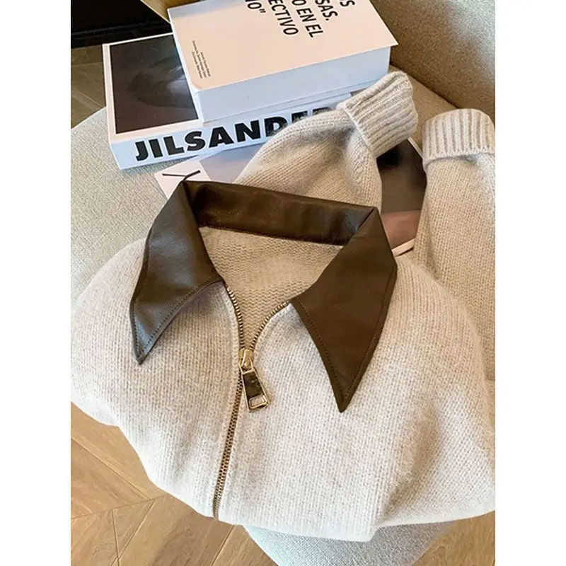 

Loose Knitted Top Women's College Sle Patchwork Fake Two-Piece Sweater Zipper Closure ort Length Geometric Pattern