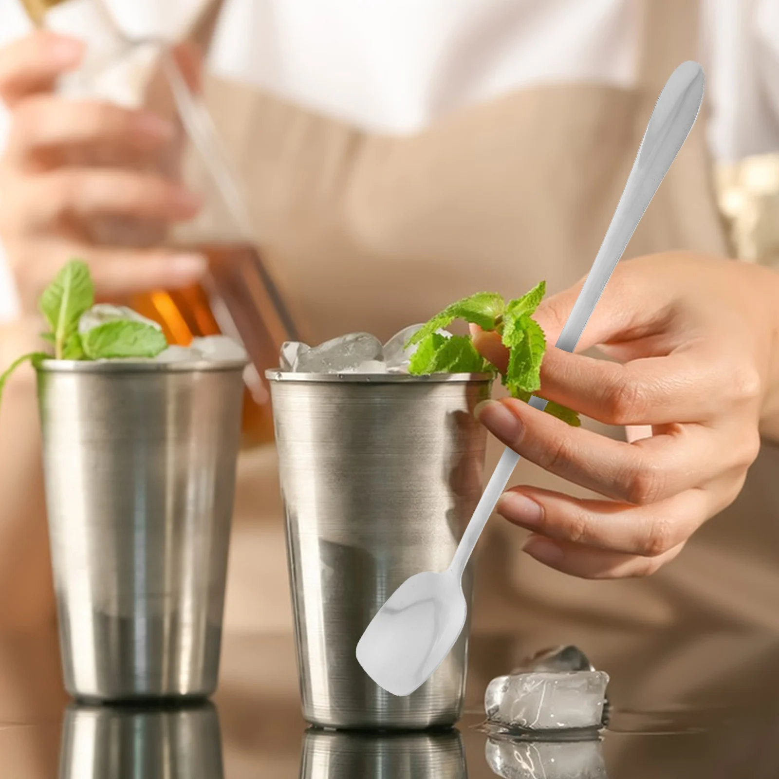 

5Pcs Stainless Steel Long Handle Square Head Spoons for Coffee Cocktail Stirring Cold Tea Mixing Bar Kitchen Use