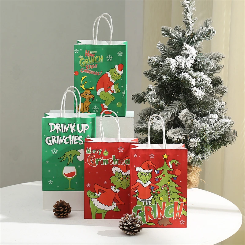 LPZHI 12Pcs Red/Green Christmas Gift Paper Bags With Handle New Year Party For Cookies Toy Chocolate Candy Packaging Decoration