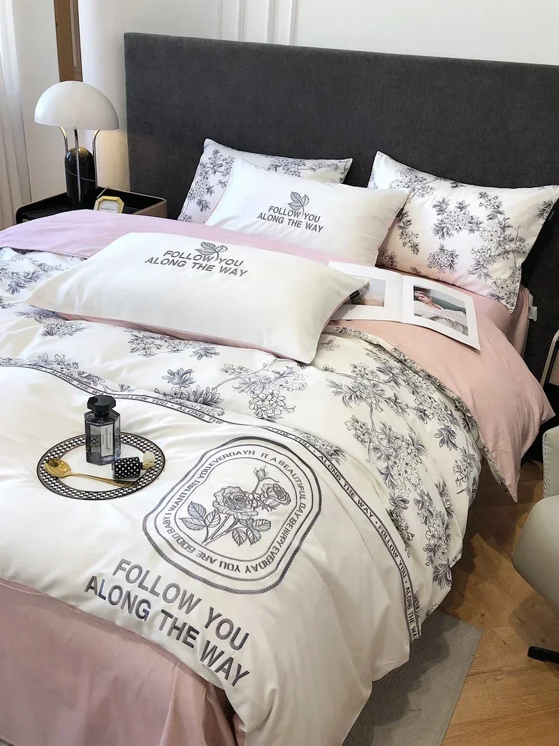 

White Pink Patchwork French Elegant Flowers Embroidery 100% Cotton Bedding Set Duvet Cover Flat Sheet Pillowcases Queen For Bed