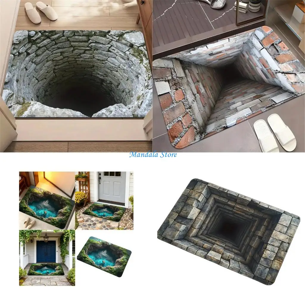 

U2JC Easy to Clean Absorbent Doormat 3D Optical Illusion Styles Cave Stone Pattern Floor Rug for Modern Households Decors